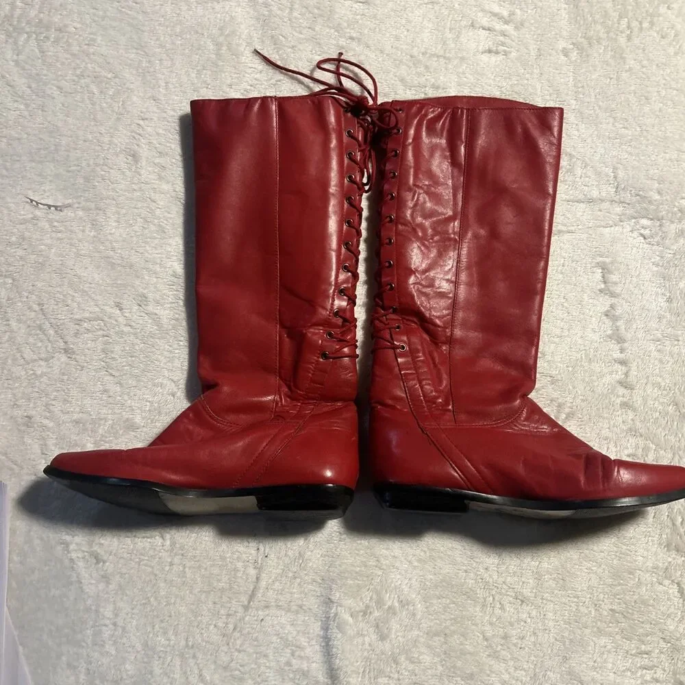 Vintage Flings Screamer 1980s Corset Laced red Leather Boots 7.5 Western